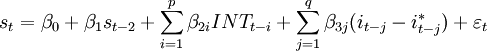 s_t=/beta_0+/beta_1s_{t-2}+/sum_{i=1}^p/beta_{2i}INT_{t-i}+/sum_{j=1}^q/beta_{3j}(i_{t-j}-i_{t-j}^*)+/varepsilon_t