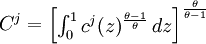 C^j={/begin{bmatrix}/int_0^1 c^j(z)^{{/theta-1 /over /theta}}/, dz/end{bmatrix}}^{/theta /over /theta-1}